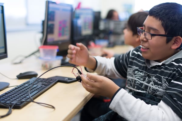 student using micro:bit in classroom