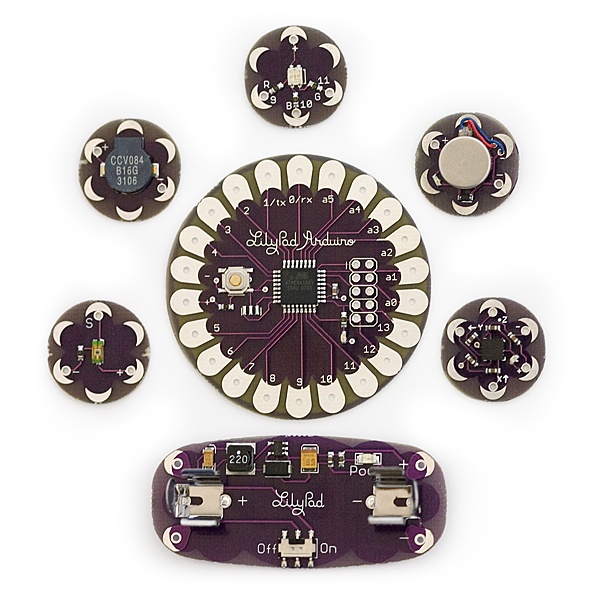 The first commercially available LilyPad Arduino kit from SparkFun